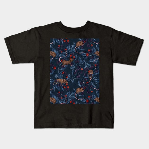 Mice and blackberries on navy Kids T-Shirt by katerinamk